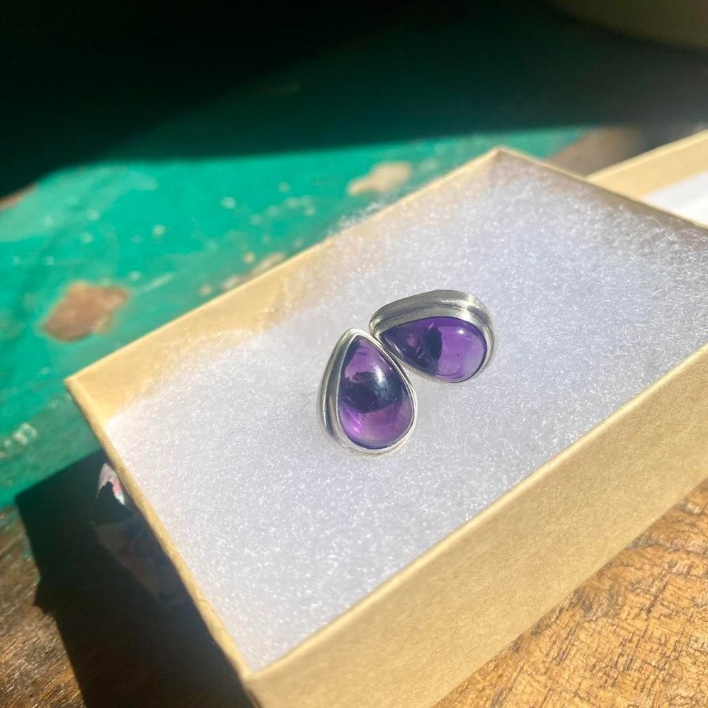 Sterling silver and amethyst teardrop shaped cabochon post earrings- 5/8"